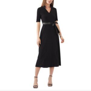 Petites Womens Faux Leather Trim Polyester MIDI Dress